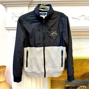 POLO RALPH LAUREN Gray Black Zip Up Jacket Packable Neon Green Hood size Small.